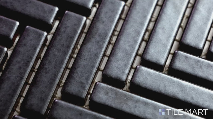 Video of 90° Metallic Herringbone Gloss Glazed Porcelain Mosaic. A shimmering metallic finish in a herringbone pattern, perfect for industrial-chic spaces.