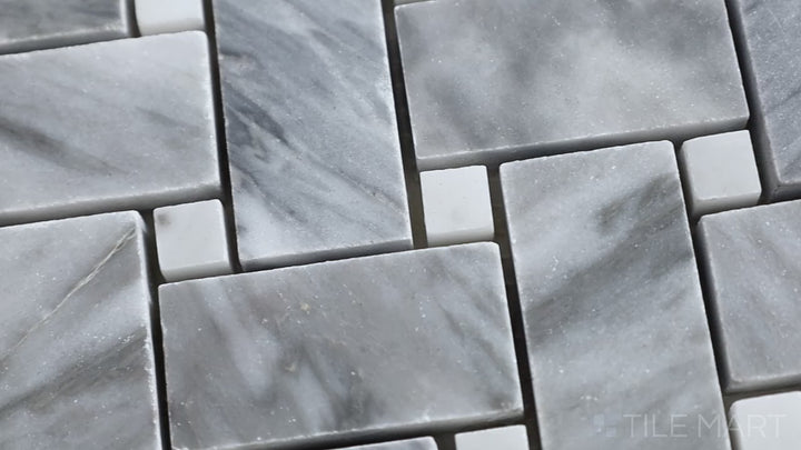 Video of Sto-Re Bardiglio W/ Carrara Dot Basketweave Polished Marble Mosaic. A polished marble mosaic featuring a Bardiglio basketweave design accented by Carrara dots.