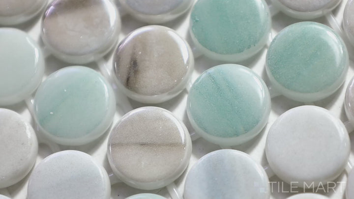 Video of Onix Glass Delbin 3/4" Round Square Glossy Mosaic. A stylish glossy mosaic combining circular and square shapes for a textured and visually appealing finish.