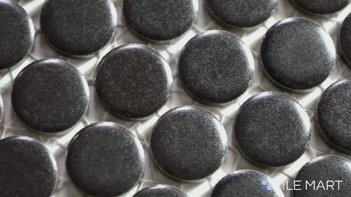 Video showcasing 360° Charcoal 3/4" Penny Round Matte Glazed Porcelain Mosaic. A deep charcoal matte mosaic that creates a bold yet sophisticated look.