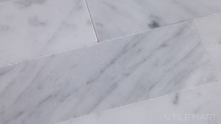 Video featuring Sto-Re Carrara Culture Pattern Polished Marble Mosaic. A luxurious Carrara marble mosaic with a polished finish and a detailed cultural pattern.