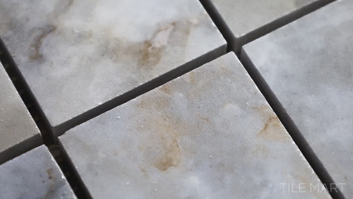 Video showcasing Tele Di Marmo Revolution Patagonia 2" Square Matte Porcelain Mosaic. A natural stone-look mosaic with intricate textures, ideal for elegant interiors.