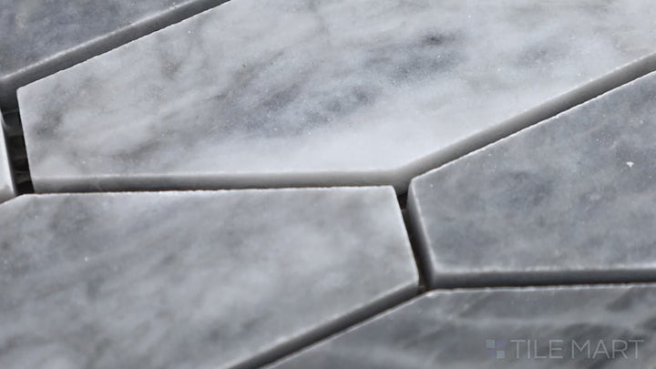 Video showcasing Sto-Re Bardiglio Elongated Hexagon Polished Marble Mosaic. A polished Bardiglio marble mosaic with a sleek elongated hexagon pattern.