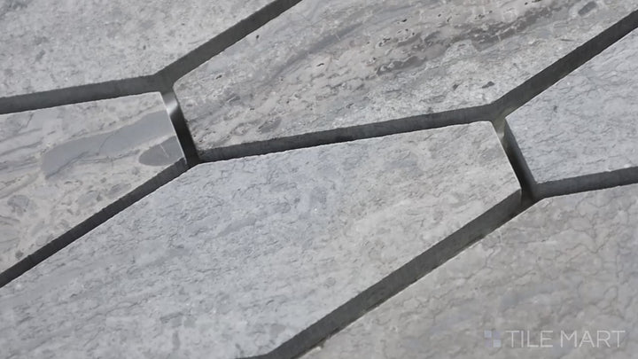 Video featuring Sto-Re Wooden Blue Elongated Hexagon Polished Marble Mosaic. A stylish Wooden Blue marble mosaic with a polished finish in an elongated hexagon layout.