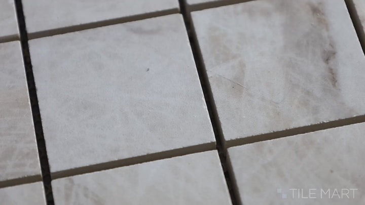 Video highlighting Tele Di Marmo Reloaded Quarzo 2" Square Polished Porcelain Mosaic. A quartz-effect mosaic tile with a high-gloss finish, ideal for contemporary designs.