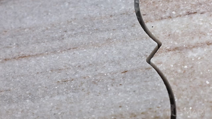 Video highlighting Sto-Re Ocean White Arabesque Polished Marble Mosaic. A luminous Ocean White marble mosaic with a polished arabesque pattern, enhancing any space.