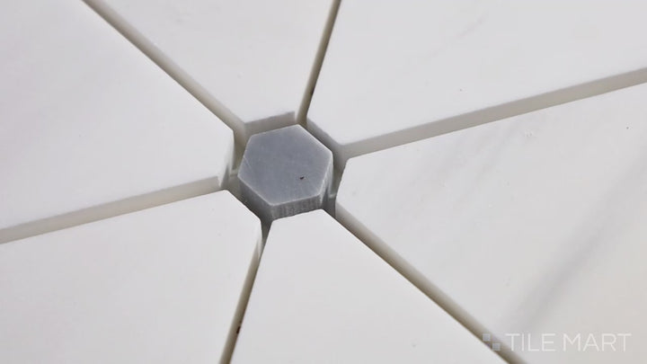 Video highlighting Bianco Dolomite Pinwheel Polished Marble Mosaic. A sophisticated white marble mosaic with a pinwheel pattern for a timeless aesthetic.