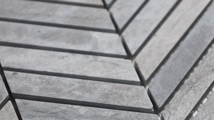 Video of Sto-Re Wooden Blue Chevron Polished Marble Mosaic. A striking Wooden Blue marble mosaic in a chevron layout, polished to perfection.