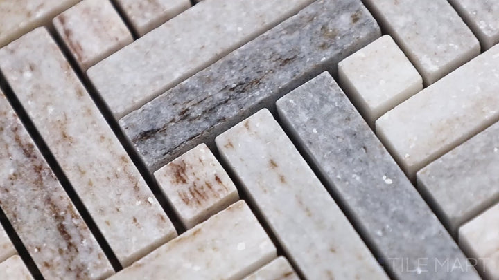 Video featuring Sto-Re Ocean White W/ Ocean White Dot Stanza Polished Marble Mosaic. A seamless Ocean White marble mosaic with matching dot details, crafted in an elegant stanza pattern.