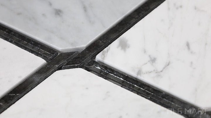 Video highlighting Lavaliere Carrara White/Thassos White Byzantine Polished Carrara, Thassos Mosaic. A classical mosaic with polished Carrara and Thassos white, evoking timeless Byzantine artistry.