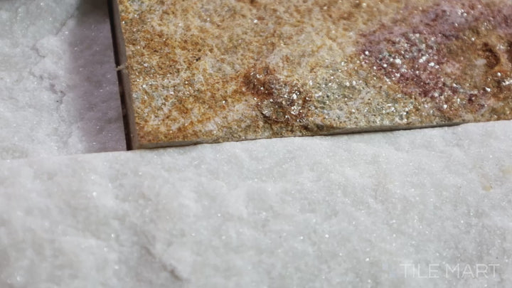 Video showcasing Rockmount Sparkling Autumn 6X24 Stacked Stone Panel Splitface Quartzite. A rich, warm-toned stacked stone panel with golden hues, perfect for fireplaces and exteriors.