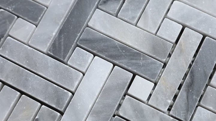 Video showcasing Sto-Re Bardiglio W/ Bardiglio Dot Stanza Polished Marble Mosaic. A stunning Bardiglio marble mosaic with matching dot accents, designed in an intricate stanza pattern.