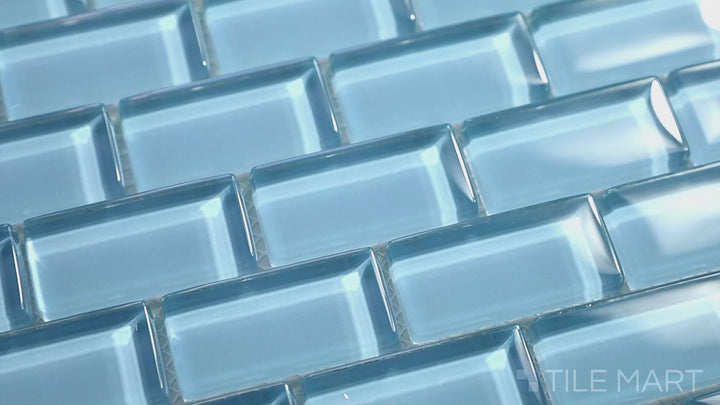 Video highlighting Vidrofina Clarity Blue Brick Glossy Glass Mosaic. A refined blue glass brick mosaic with a lustrous surface, adding contemporary elegance to any design.