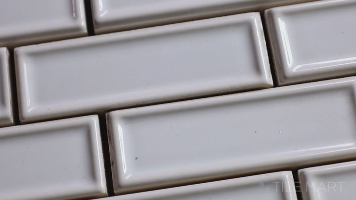 Video of Roxy Moonstone Brick Glossy Porcelain Mosaic. A glossy porcelain brick-style mosaic in a soft moonstone shade, bringing elegance and texture.