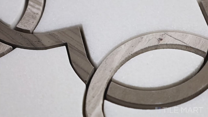 Video featuring Bianco Dolomite Quarterfoil Polished Marble Mosaic. A luxurious white marble mosaic with an intricate quarterfoil pattern and high-gloss finish.