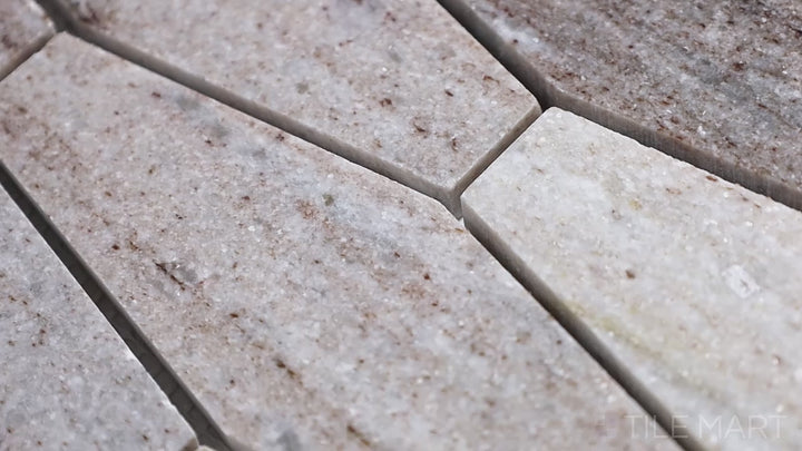 Video highlighting Sto-Re Ocean White Elongated Hexagon Polished Marble Mosaic. A sophisticated Ocean White marble mosaic with an elongated hexagon layout, offering a modern feel.