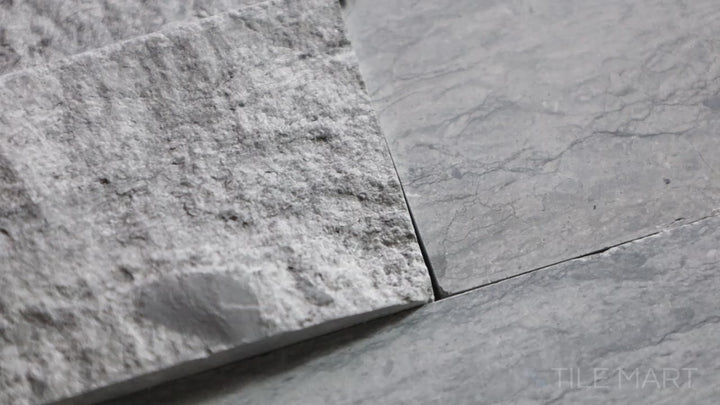 Video showcasing Natural Splitface Stackstone Panels Blue Oak 6x24. A stunning blue-toned natural stone panel with a textured splitface design, enhancing depth and character.