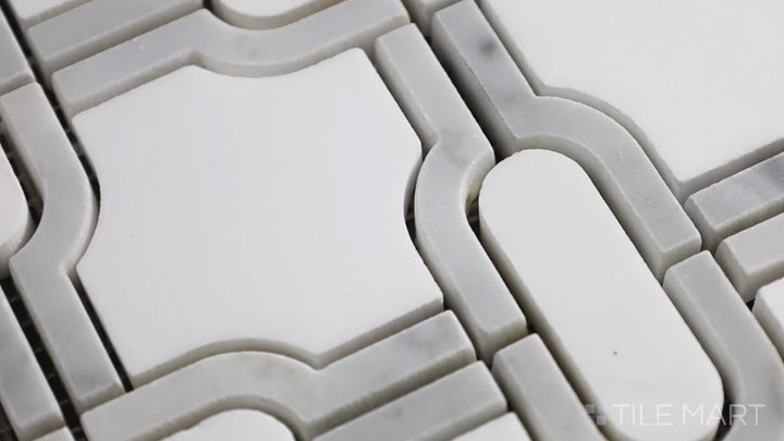 Video showcasing Bianco Dolomite Gridwork Polished Marble Mosaic. A refined, grid-like white marble mosaic with a polished finish, adding structured elegance to any surface.