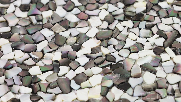 Video of D-Lux Pearl Smokey Pearl Slivers Glossy Shell Marble Mosaic. A refined mosaic of smokey pearl and glossy shell elements, delivering a sophisticated and high-end design touch.