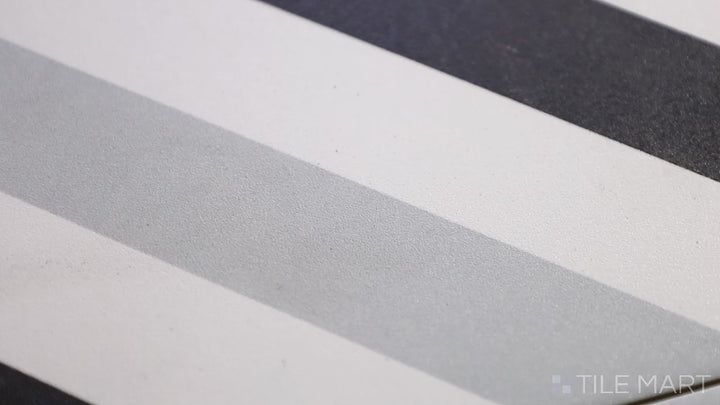 Video highlighting Frame 15 Stripes B&W 6x6 Matte Porcelain. A dynamic black-and-white striped design with a sleek matte finish, offering a bold yet versatile aesthetic.