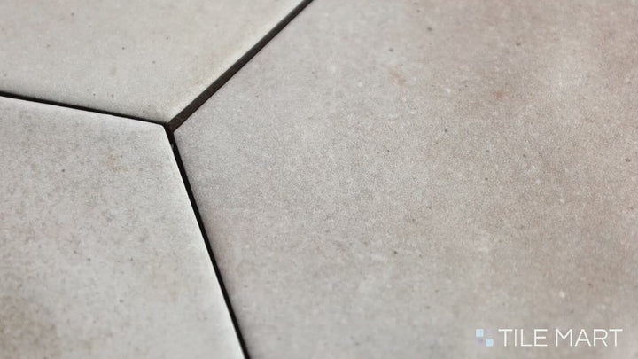 Video showcasing Celine Taupe 4" Hex Matte Glazed Porcelain. A versatile taupe hexagonal matte tile, perfect for accent walls, floors, or backsplashes.