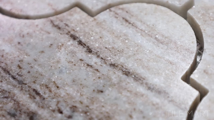 Video highlighting Sto-Re Ocean White Arabesque Polished Marble Mosaic. A luxurious Ocean White marble mosaic with an arabesque shape, polished for a radiant effect.