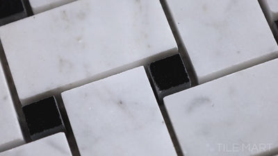 Sto-Re Basketweave Marble Mosaic 12X12 Carrara W/ Black Dot Polished
