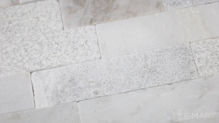 Video of Minute Mosaix Carrara White Random Linear Marble, Limestone Mosaic. A stunning Carrara marble mosaic in a linear pattern, offering a classic yet contemporary feel.