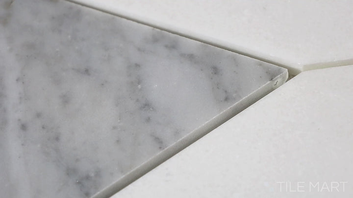 Video of Lavaliere Carrara/Thassos/Black Ant Mirror Petal Honed Carrara, Thassos Mosaic. A petal-inspired honed mosaic featuring Carrara, Thassos, and black mirror for a soft yet dramatic design.