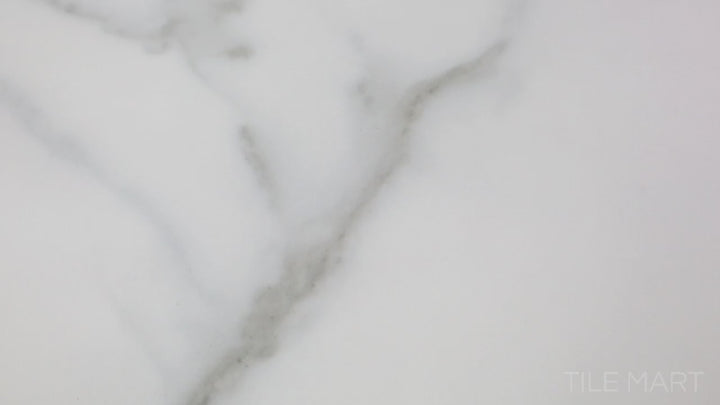 Video featuring Polished Marble Statuario Venato 48x48 Porcelain. A premium white polished porcelain tile with dramatic grey veining, delivering the luxurious appeal of Statuario marble.