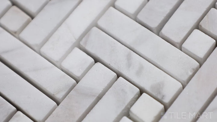 Video showcasing Sto-Re Volakas W/ Volakas Dot Stanza Polished Marble Mosaic. Luxurious Volakas marble mosaic with coordinating dot accents, arranged in a refined stanza design.