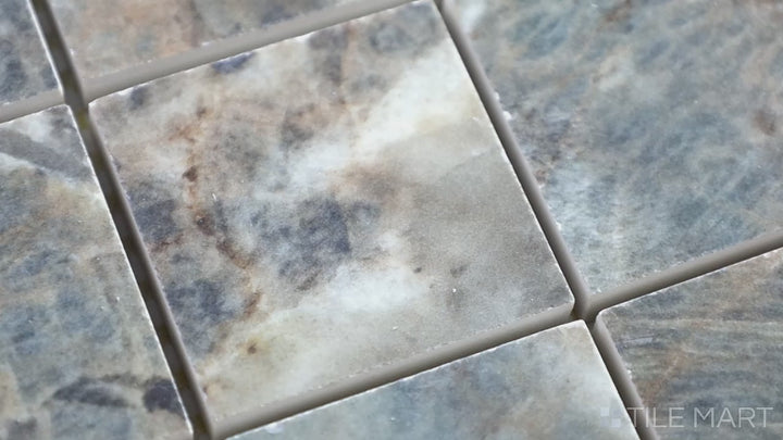 Video showcasing Exotic Stone Cosmopolitan Amazzonite 2-inch Square Polished Porcelain Mosaic. A vibrant blue-green polished porcelain mosaic with natural stone-inspired veining, adding a bold and luxurious touch.