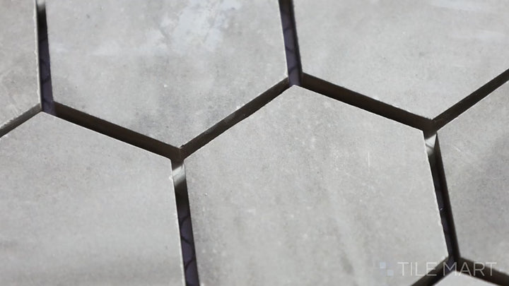 Video highlighting Eden Bardiglio 2" Hexagon Matte Porcelain Mosaic. A geometric hex tile in cool gray Bardiglio tones, perfect for modern interiors.