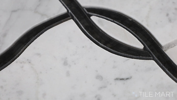 Video showcasing Lavaliere Carrara White/Black Ant Mirror Intertwining Arabesque Polished Carrara Mosaic. An elegant arabesque design blending Carrara white and black mirror for a refined, artistic touch.