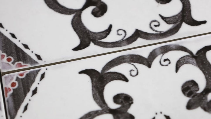 Video showcasing Andratx Dragonera Charcoal 6x6 Glossy Porcelain. A deep charcoal porcelain tile with a polished glossy finish, adding a bold and refined touch with a smooth surface.