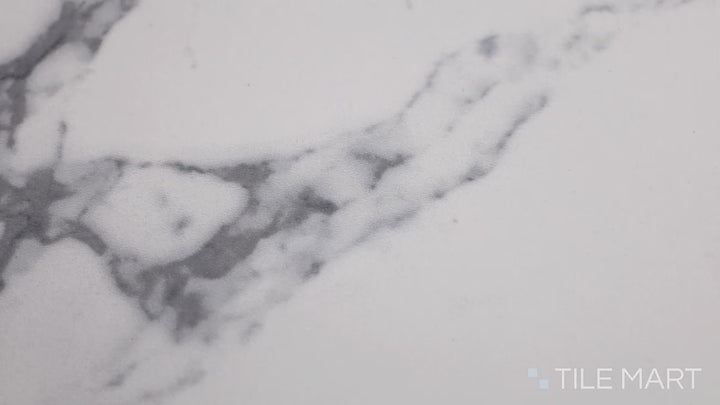 Video of Select White Carrara 12x24 Polished Porcelain. A polished white Carrara-style porcelain tile with a glossy finish and marble-like veining.