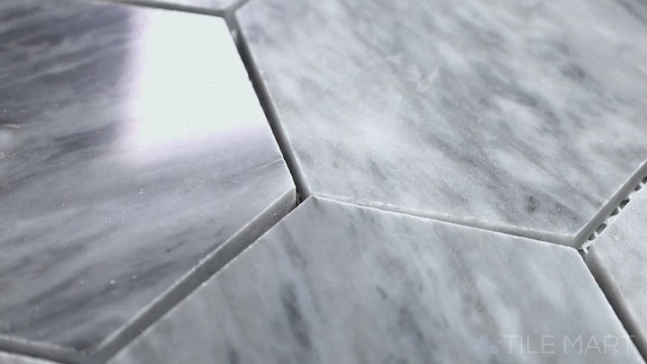 Video featuring Sto-Re Bardiglio 2-1/2" Hexagon Polished Marble Mosaic. A bold Bardiglio marble mosaic with a polished finish, designed in a larger hexagonal style for dramatic impact.