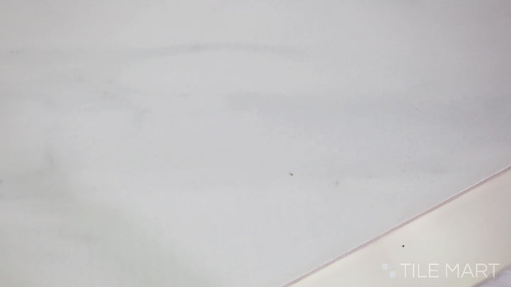 Video of Polished Stone Calacatta 24x24 Porcelain. A white polished porcelain tile with striking gold and grey veining, mimicking the luxurious appearance of Calacatta marble.