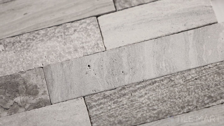 Video showcasing Minute Mosaix Chenille White Random Linear Marble, Limestone Mosaic. A sleek linear marble mosaic in warm white tones, adding texture and dimension to any space.