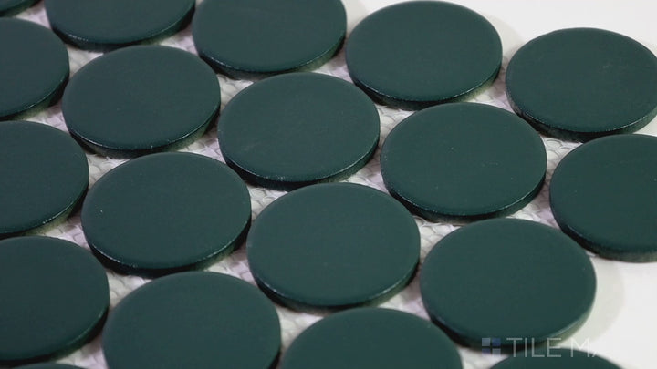 Video featuring Marin Ocean Teal 2" Penny Round Matte Glazed Porcelain Mosaic. A bold teal mosaic tile that brings a refreshing, vibrant touch to any design.