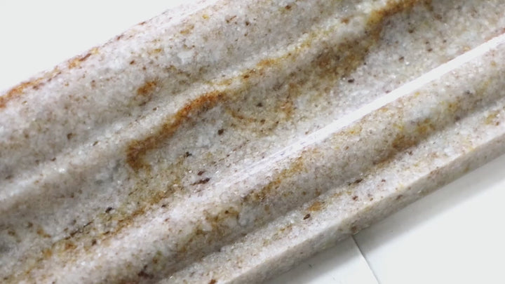 Video of Sto-Re Ocean White 2.5X12 Polished Marble Chair Rail. A sleek Ocean White marble chair rail tile with a smooth polished surface for elegant finishing.