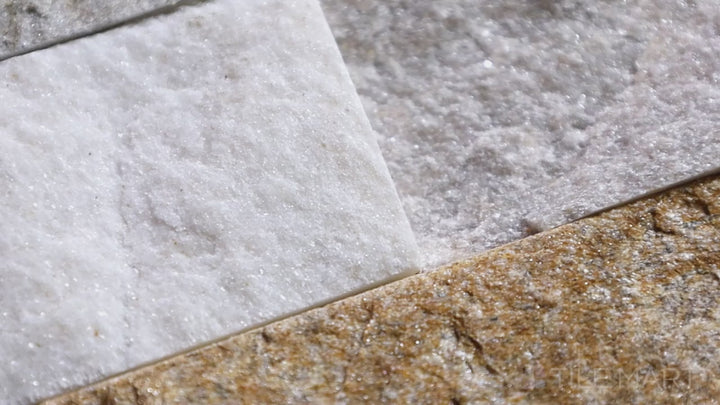 Video featuring Natural Splitface Stackstone Panels Desert Honey 6x24. A warm beige and honey-toned natural stone panel with a splitface surface, adding rustic elegance.