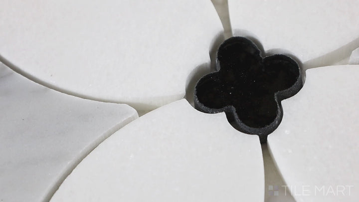 Video showcasing Lavaliere Nero Marquina/Antique Mirror Chain Link Polished Nero Marquina Mosaic. A striking chain-link mosaic featuring deep Nero Marquina and antique mirror for a bold statement.