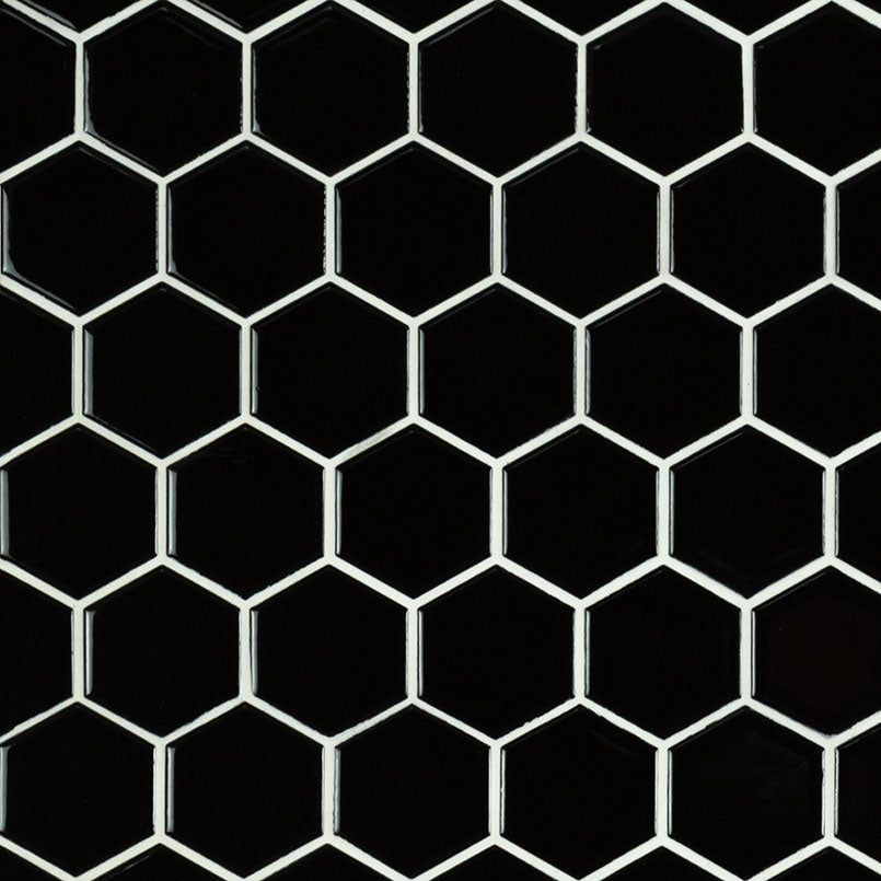 Domino 2" Hexagon Porcelain Mosaic 12X12 Black Glossy