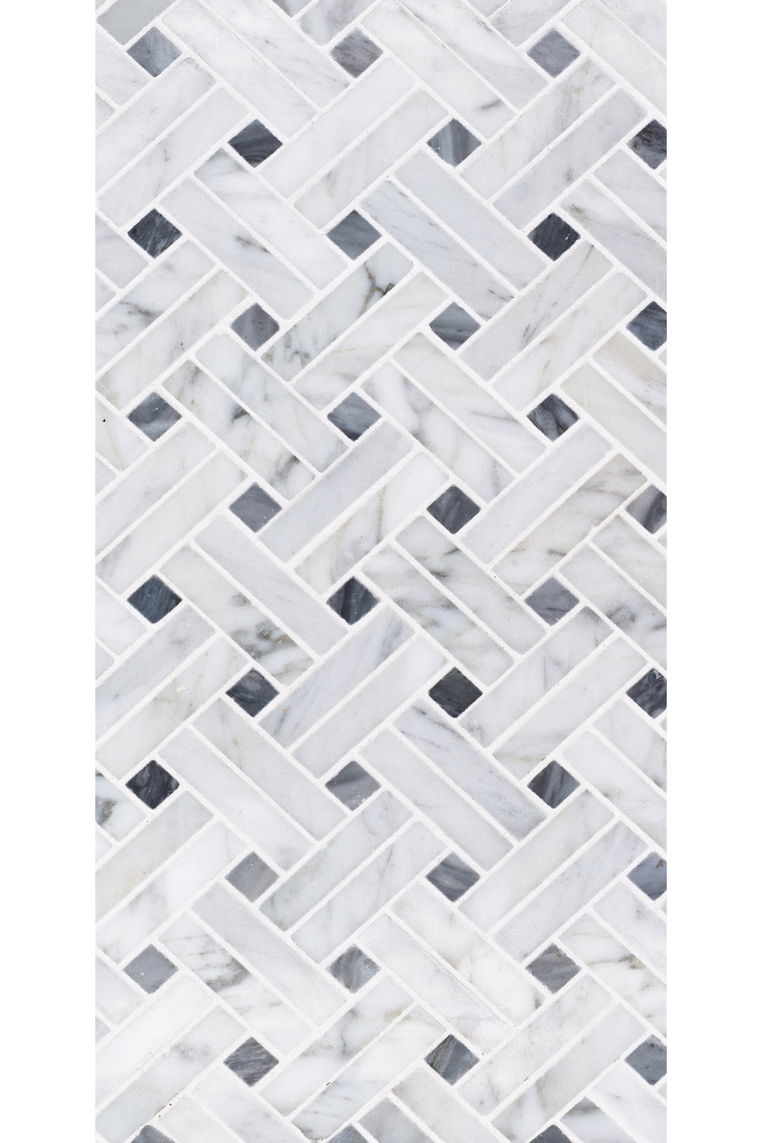 Seen from above, Carrara marble tiles are softened with ash-gray dot accents, adding a refined touch to the polished Stanza mosaic layout.