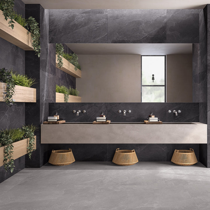 Nordika Dark 2" Square Matte Mosaic enriches a contemporary scene with bold, textured sophistication